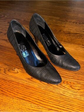 Salvatore Ferragamo Black Croc-Embossed Pointed Pumps